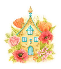Cute house facade with flowers. Watercolor hand painted illustration isolated on white background. Cottage with blooming garden. Illustration for post card, print, poster, sticker