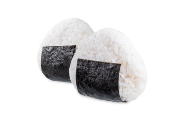 Onigiri, Japanese triangular rice balls stuffed with salmon on a white isolated background