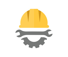 Helmet, wrench and gear logo design. Safety and protection, engineer. Workwear, helmet construction and cogwheel vector design and illustration.