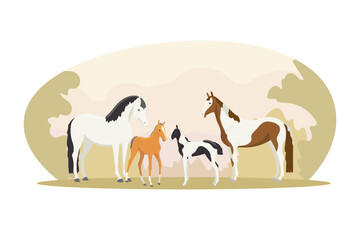 Mares with foals in a meadow at dawn, vector illustration