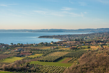 Fototapeta premium Aerial view of the Lake Garda with Sirmione and Desenzano in bachground