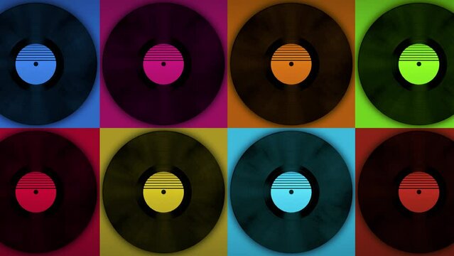 Spinning vinyl discs on simple colors background. Seamless looping footage.Old technology. Retro design. 3D animation of music record rotating. Loop animation. Retro music vintage style