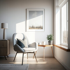 Fototapeta na wymiar Chair with lamp in living room interior, 3D render. Generative AI