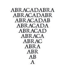 Obraz premium The magic triangle created by repeating the word Abracadabra (protective magic, talisman). Black text message on a transparent background. 
