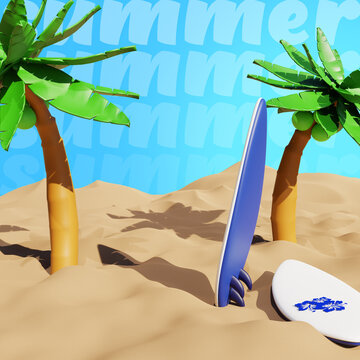 3d render beach scene with sand, coconut trees, surfboard and summer background