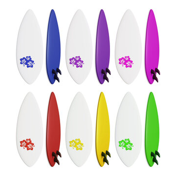 3d render colorful surfboard with transparent background