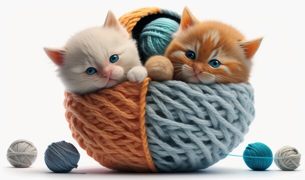  two kittens in a ball of yarn with balls of yarn.  generative ai