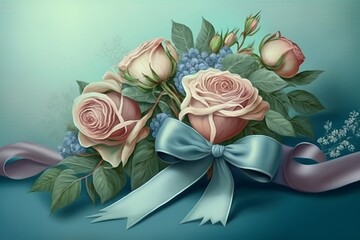 Roses on blue pastel background with ribbon and empty space. Generative AI.