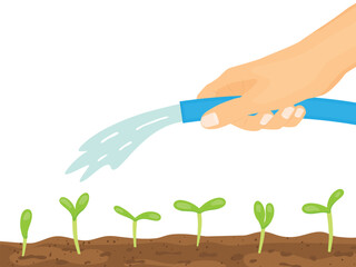 Fototapeta na wymiar hand holding garden hose and watering young plants- vector illustration