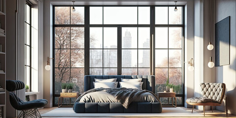Fototapeta premium Modern open-plan bedroom, large windows, 3d render, generative ai