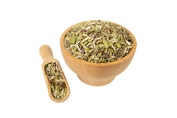 Catnip herb in latin - Nepeta cataria in wooden bowl and scoop isolated on white background....