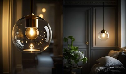  two pictures of a light bulb hanging from a ceiling in a bedroom.  generative ai