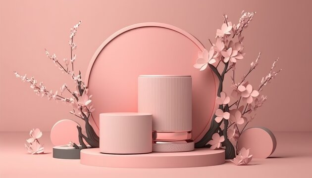 Pink Podium Display Sakura with pink flowers and branches, Product Promotion Stand, Advertise, 3D Background, Generative AI