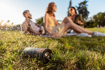 wireless waterproof speaker of friends having fun together in park listening to music