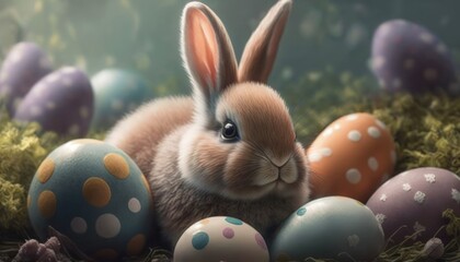 Cute Easter bunny with eggs, Generative AI