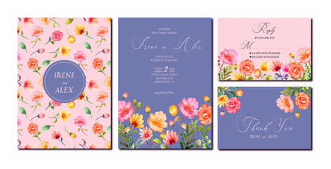 Fototapeta na wymiar A colorful wedding invitation with pink flowers and a pink background.