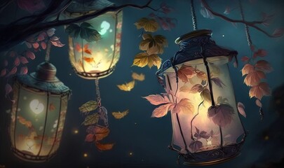  a couple of lanterns hanging from a tree next to leaves.  generative ai