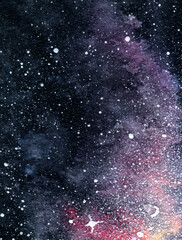 Watercolor hand drawn background of space, stars, constellation, nebula. Large resolution texture for the design of postcards, backdrops, websites, posters