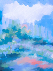 Fototapeta na wymiar Impressionistic Colorful Path or Pathway Through the Park -Digital Painting, Illustration, Art, Artwork, Background Backdrop, or Wallpaper