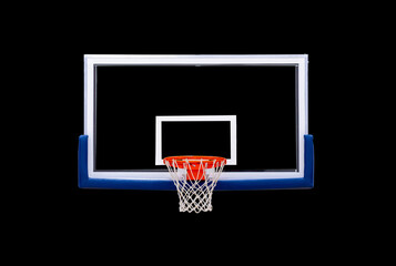New professional basketball hoop cage isolated on black background. Horizontal sport theme poster,...