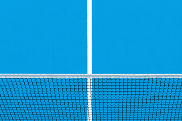 Blue padel and tennis net and hard court. Tennis competition concept. Horizontal sport theme poster, greeting cards, headers, website and app.