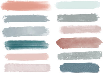 Set of different paint brush strokes in pastel colors. Artistic design elements, grungy and watercolor background vector illustration - obrazy, fototapety, plakaty