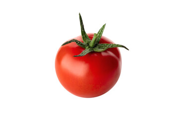 Fresh juicy delicious tomato with a twig isolated on a white background. Close up. Clipping path