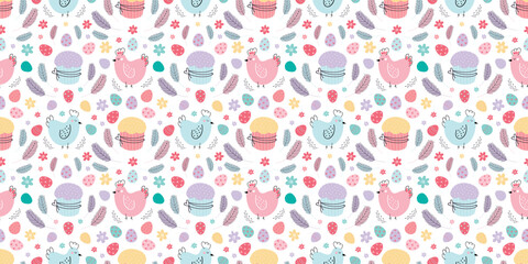 Easter seamless pattern. Background with chickens ,eggs, cakes