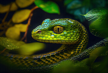 Fototapeta premium Green snake in jungle created wtih AI