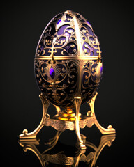 Obraz premium A stunning Faberge egg crafted from pure gold with intricate royal purple details, showcasing exceptional craftsmanship. Generative AI.