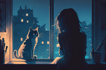 Anime girl and her cat looking at the night city.