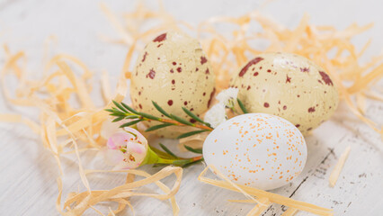 Easter candy chocolate eggs and almond sweets lying in a bird's nest decorated with flowers on white wooden background. Happy Easter concept.