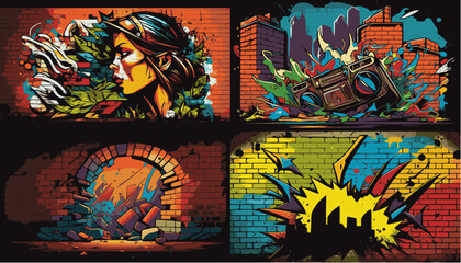 Urban Graffiti Art on Brick Wall Background  - obrazy, fototapety, plakaty