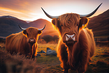 Scottish cows in sunset with mountains in background created with AI	
