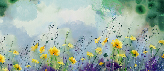 Beautiful meadow field with wild flowers.Watercolor background