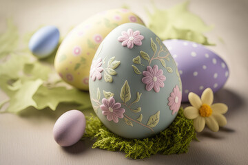Obraz na płótnie Canvas Easter eggs on the table, delicate colors. Generative AI