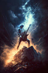 Rock musician plays music in thunder, rocker guitarist performs at concert, generative AI
