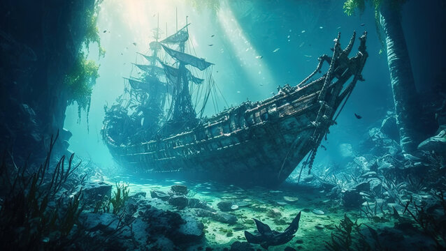 Shipwreck underwater, derelict wreck of old sailing ship under water, generative AI.