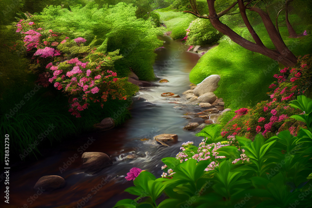 Poster flowing stream, surrounded by lush green trees and blooming flowers. Generative AI technology.