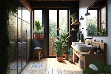 Fototapeta premium Generative ai illustration white bathroom with plants wooden details interior design