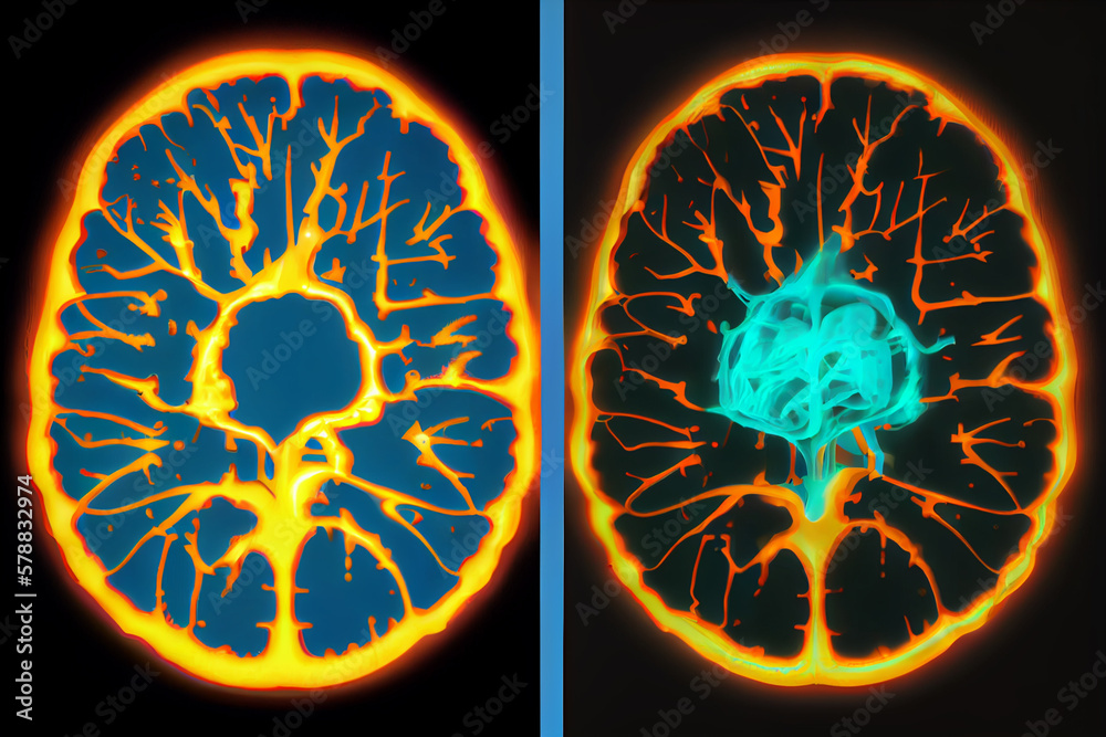 Leinwandbilder A before-and-after brain scan of an individual who has undergone neuroplasticity-based therapy, showing significant changes in brain structure and function. Generative AI technology.