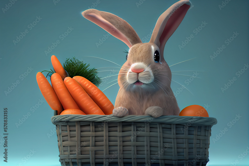 Wall mural A playful cartoon or illustration of the Easter Bunny, often portrayed with a basket of eggs or carrots. Generative AI technology.