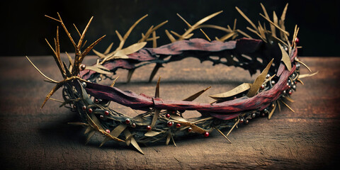 The crown of thorns of Jesus on old wood background. Easter concept. Banner. Generated AI.