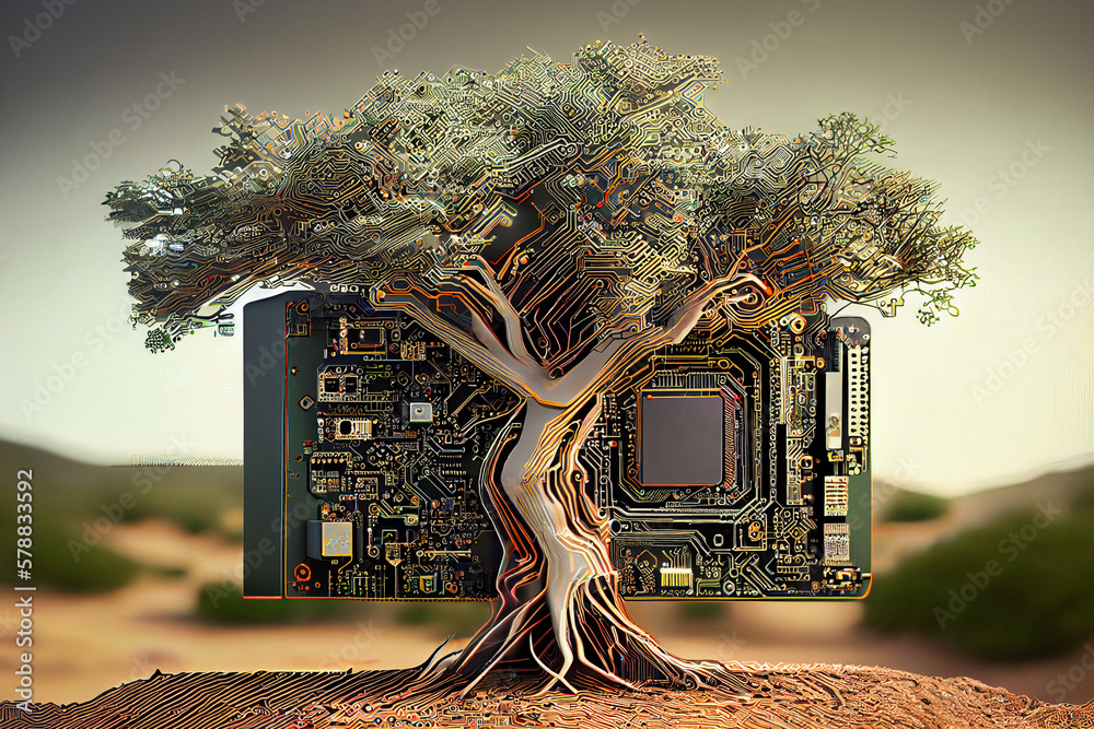 Leinwandbilder A surrealist image combining elements of nature and technology, such as a tree growing out of a circuit board,  Generative AI technology.