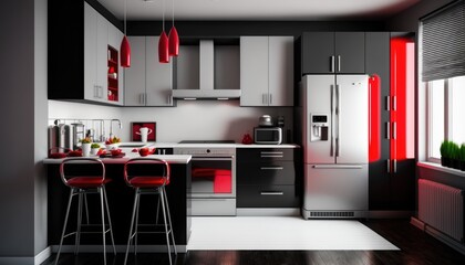 A sleek and modern black and white kitchen with glossy cabinets, stainless steel appliances, and pops of bright red accents. Text space generative ai