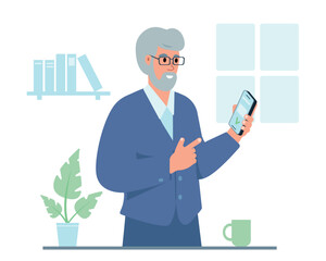 Elderly Man with smartphone at home. Senior smiling man using phone for Communication, chatting in social media app. Vector illustration isolated on white background.