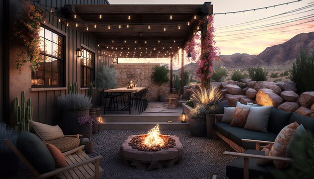 Morden Outdoor Patio With A Fire Pit, Comfortable Seating, And String Lights Overhead. The Space Is Surrounded By Lush Greenery And Has A View Of The Mountains Generative Ai