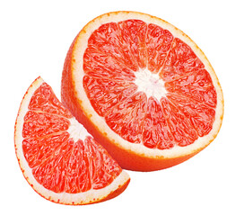 Half and slice of blood red orange citrus fruit isolated on transparent  background