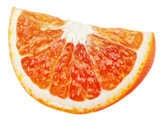 Ripe wedge of blood red orange citrus fruit isolated on transparent background. Sanguinello blood orange slice
