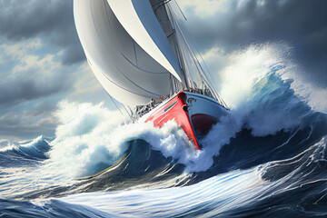 racing yacht or sailboat, with wind-filled sails and crashing waves that convey a sense of adventure and excitement. Generative AI technology	
